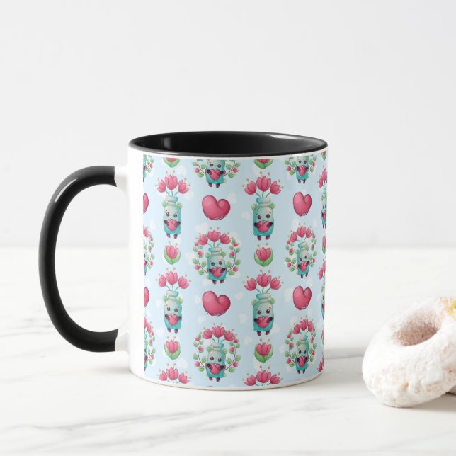 Caneca Linda Floral Mason Jar Hearts Pattern (Com Donut)