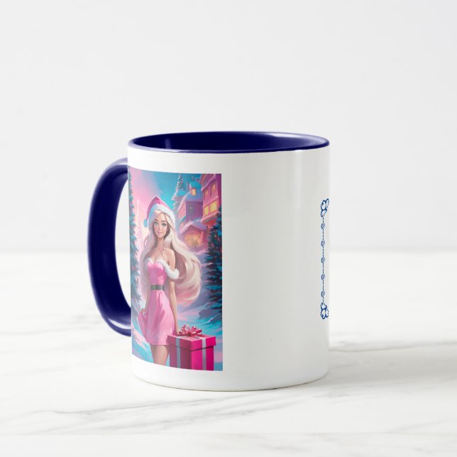 Caneca Linda garota de Natal rosa 01 (Frente Esquerda)