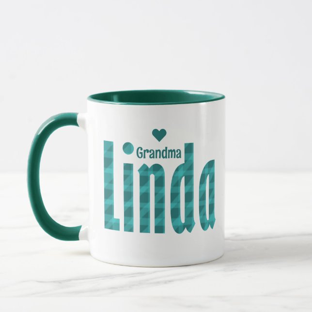 Caneca "Linda" Personalizada - Nome Teal Sea Green Xadrez (Esquerda)