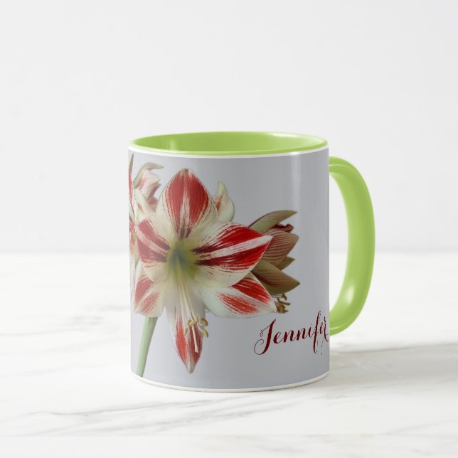 Caneca Lindas flores de Amaryllis e nome personalizado (Frente Esquerda)