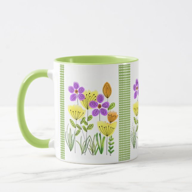 Caneca Lindas Flores Silvestres em Aquarela com Xadrez Ve (Esquerda)