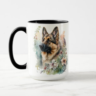 Caneca LINDÍSSIMO CÃO PASTOR ALEMÃO EM Aquarela FLORES