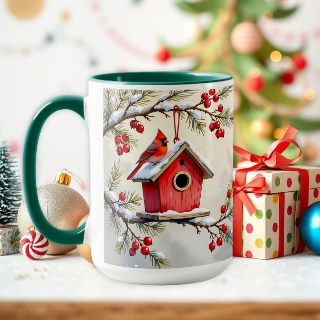Caneca Lindo Cardinal de Natal e Galhos de Pinheiro (Criador carregado)