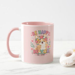 Caneca Lindo Corgi Coroa Floral Seja Feliz Seja Você Seja