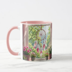 Caneca Lindo Dreamcatcher Rosa e Plantas no Parapeito da