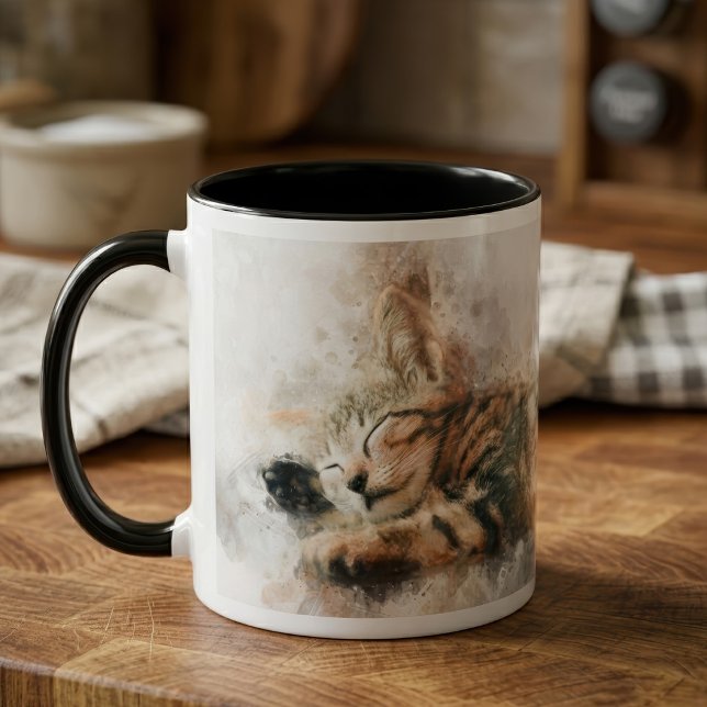 Caneca Lindo e fofo gatinho dormindo aquarela (Beautiful and cute kitten sleeping watercolor. mug)