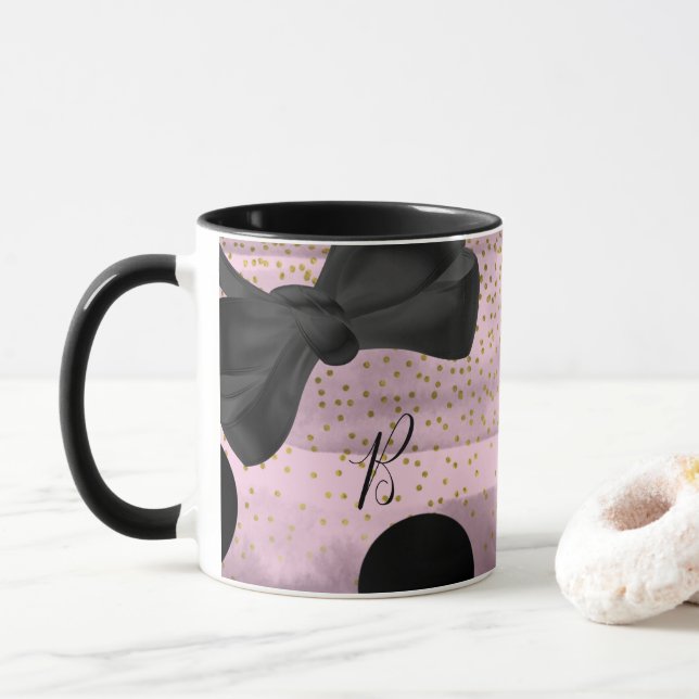 Caneca Lindo Laço de Bolinhas Rosa e Dourado Glamouroso C (Com Donut)