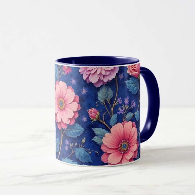 Caneca Lindo padrão floral rosa e azul (Frente Esquerda)