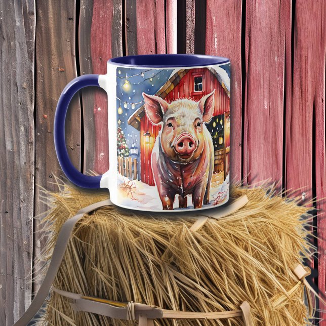 Caneca Lindo Porco de Natal Rústico e Celeiro (Criador carregado)
