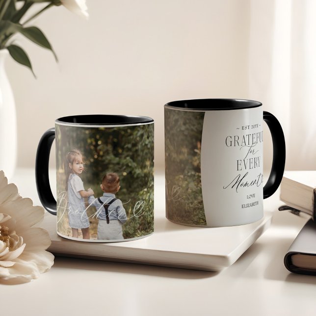 Caneca Lindo Presente Personalizado do Irmão para o Amigo (Brother Script Heart Grateful Every Moment Photo Mug)