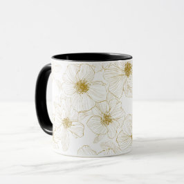 Caneca Linha de Flores Brancas Florais Chic Dourado