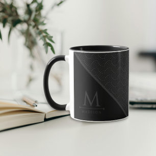 Caneca Linhas Curvas de Onda Geométrica Negra e Cinza Mod