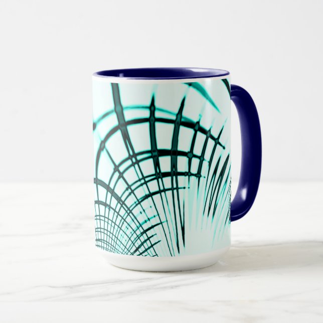 Caneca Linhas curvas do aqua ciano cruzado sobre fundo le (Frente Esquerda)