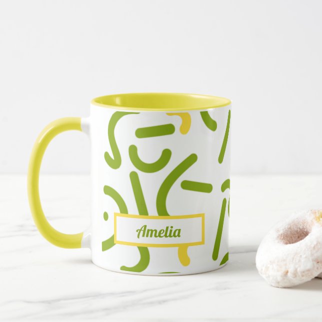Caneca Linhas Verdes Amarelas Abstratas (Com Donut)