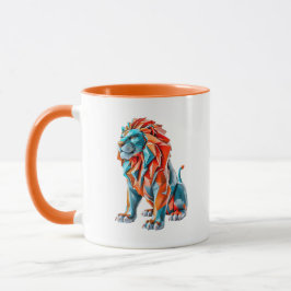 Caneca lion coloré, origami avec crinière rouge et bleu.