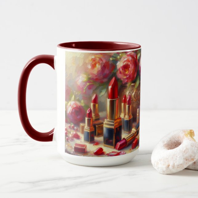 Caneca Lipstick e flores - pintura impressionista (Com Donut)