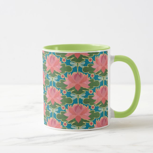 Caneca Lírios De Água Rosa, Padrões Azuis (Direita)
