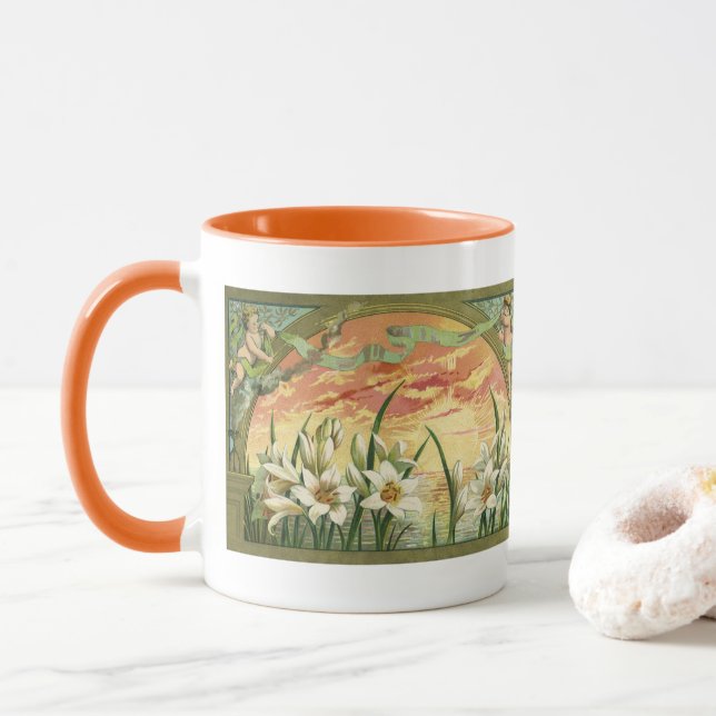 Caneca Lírios de Páscoa Antigos ao Nascer do Sol e Anjos  (Com Donut)