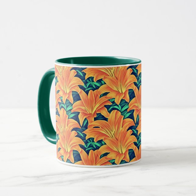 Caneca Lírios do Dia Laranja com Folhas Verdes (Frente Esquerda)