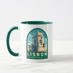 Caneca Lisboa Portugal Belem Torre Viagem Retro Emblema