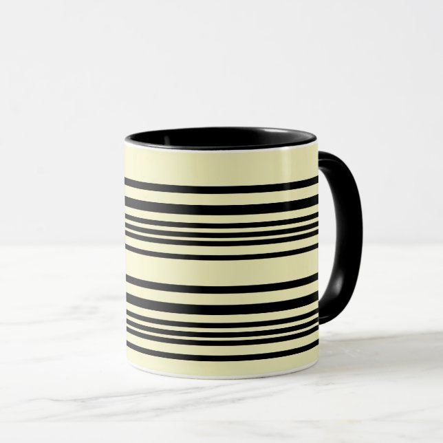 Caneca Listrada Bege e Preta — Calma, Chique, Atem (Frente Esquerda)