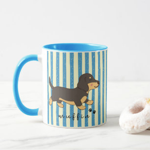 Caneca Listras Azuis Nome de Dachshund Preto e Marrom