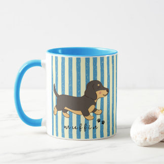Caneca Listras Azuis Nome de Dachshund Preto e Marrom