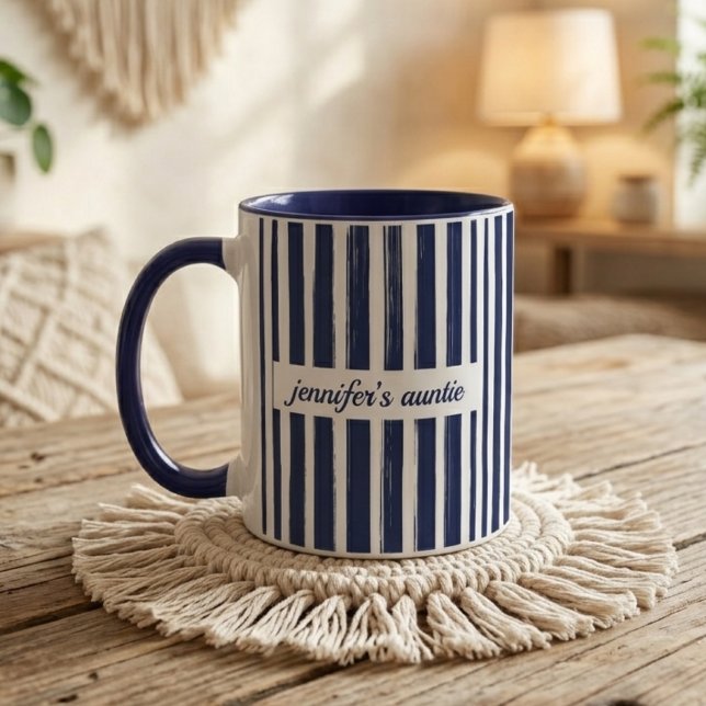 Caneca Listras Azul-Marinho Personalizado Anúncio de Bebê (personalized new family mug gift, modern announcement mug gift, personalized baby reveal mug gift,)