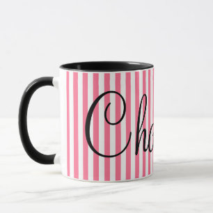 Caneca Listras brancas cor-de-rosa com nome feito sob