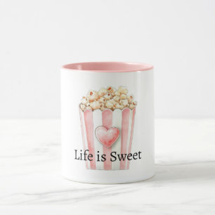 Caneca Listras Brancas Rosa Pipoca de Coração A Vida é Do