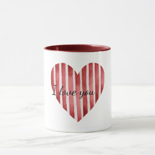 Caneca Listras Brancas Vermelhas Coração Amor