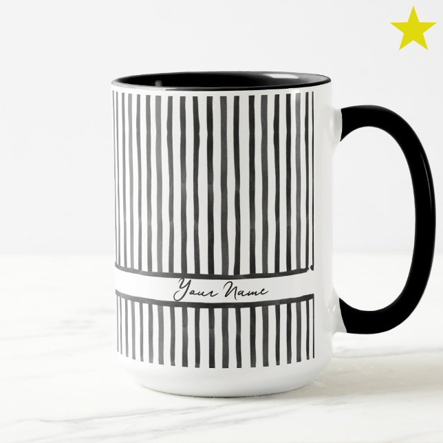 Caneca Listras de Aquarela Preta e Cinza na Moda Nome Per (Criador carregado)