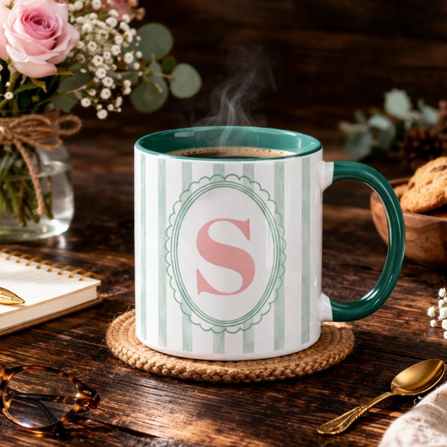 Caneca Listras de aquarela rosa e menta com monograma per (Criador carregado)