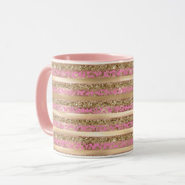 Caneca Listras de Impressão Leopardo Douradas rosa (Frente Esquerda)