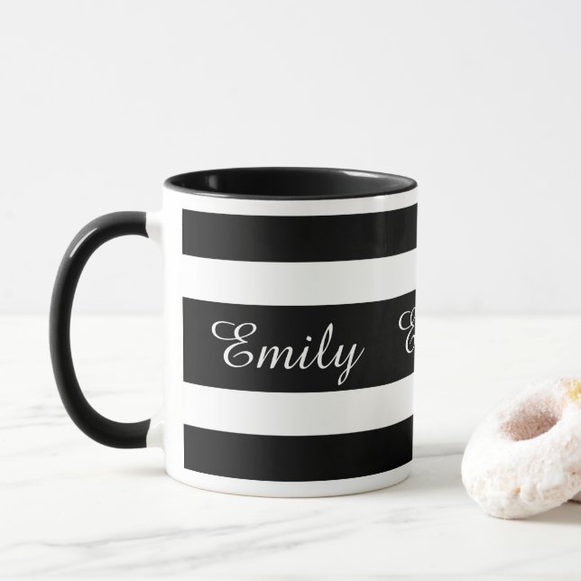 Caneca Listras Pretas E Brancas Modernas Nome (Com Donut)