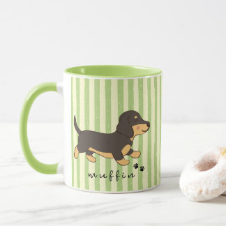 Caneca Listras Verdes Dachshund Preto e Bege Nome