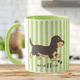 Caneca Listras Verdes Dachshund Preto e Bege Nome