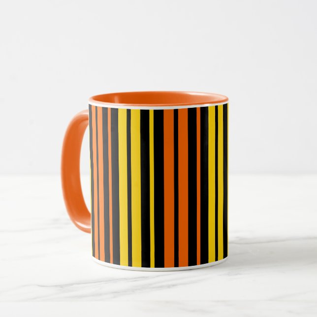 Caneca Listras Verticais Amarelas e Laranjas em Preto (Frente Esquerda)