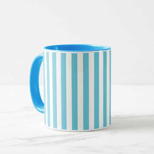 Caneca Listras Verticais Clássicas em Azul Claro e Branco (Frente Esquerda)