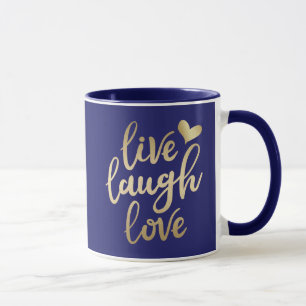 Caneca Live Laugh Love Faux Letra Dourada Marinho Blue Mu