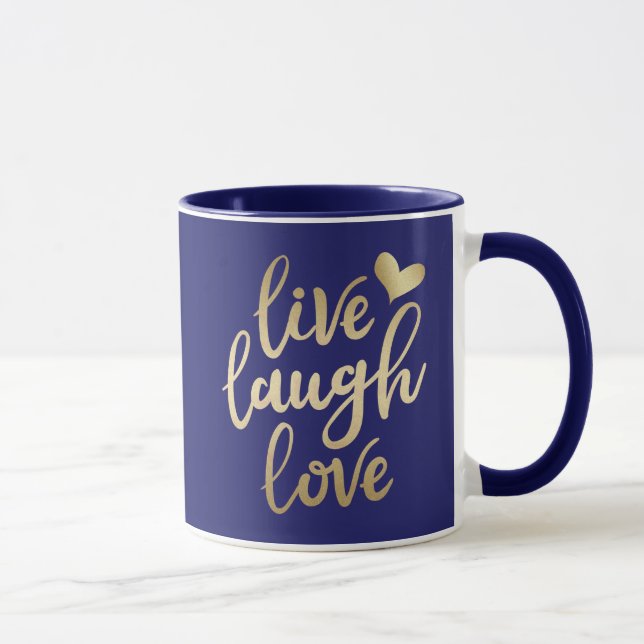 Caneca Live Laugh Love Faux Letra Dourada Marinho Blue Mu (Direita)