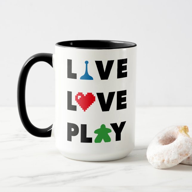 Caneca Live, Love, Tocar Texto Preto (Com Donut)
