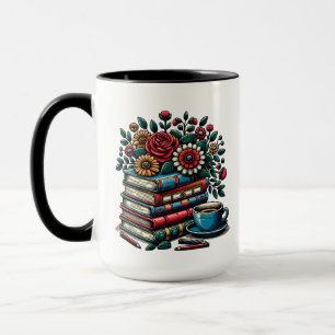Caneca Livros Antigos Personalizados, Café e Flores