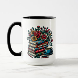 Caneca Livros, Café e Flores Personalizados