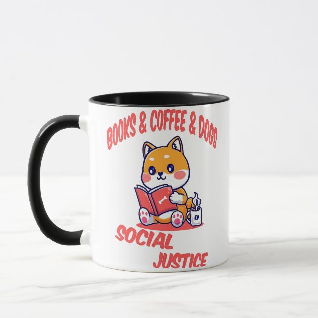 Caneca Livros e café e cães e justiça social (Esquerda)