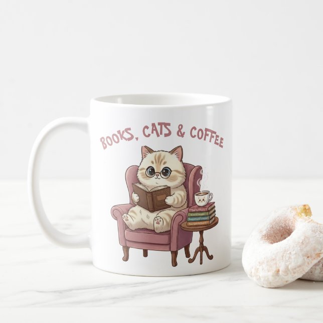 Caneca Livros, Gatos e Café Amante de Gatos Fofa (Com Donut)