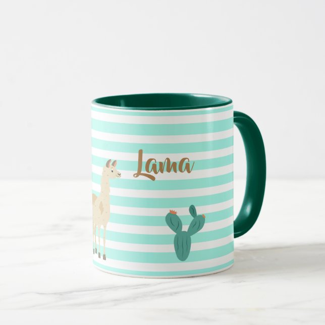 Caneca Llama e cacto em faixas verdes e brancas (Frente Esquerda)