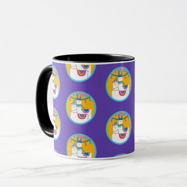 Caneca Llama Festa de aniversário Azul Púrpura Amarelo Co (Frente Esquerda)