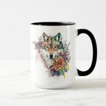 Lobo Aquarela com Flores na Nature Mug