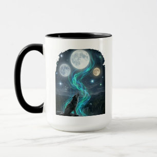 Caneca Lobo Aurora de Três Luas - Céu Noturno Místico